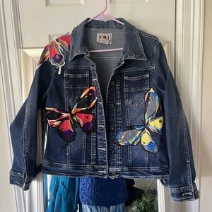 Beautiful Butterfly Applique Stretch Blue Denim Classic Jacket by AMI sz M